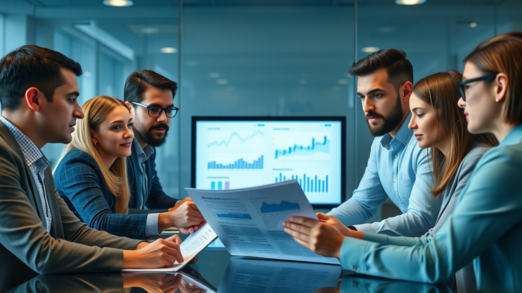 Diverse team of professionals collaborating over corporate tax planning report and analytics in a boardroom