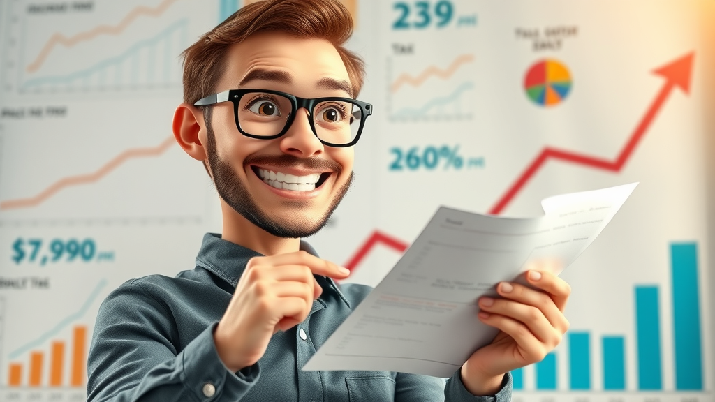 Motivated entrepreneur analyzing growth charts and tax forms for corporate tax planning success