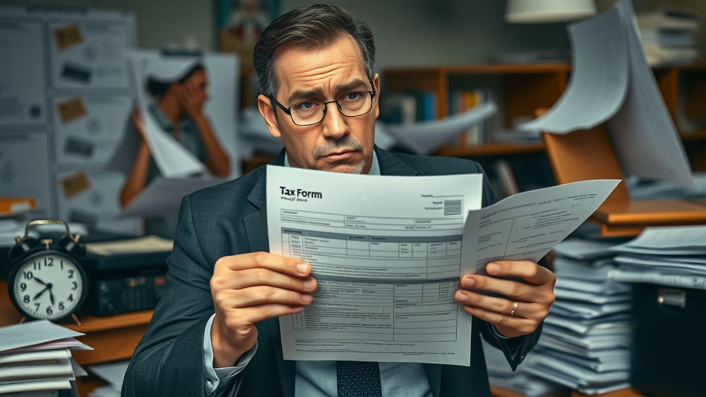 Frustrated business owner holding a rejected tax form amid cluttered paperwork, representing errors in corporate tax planning