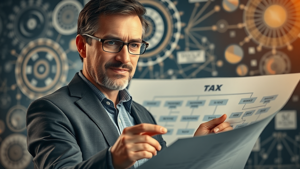 Methodical financial planner building a detailed flowchart for corporate tax planning in a creative setting