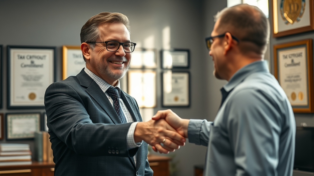 Experienced tax consultant shaking hands with a business owner about corporate tax planning in a modern executive office