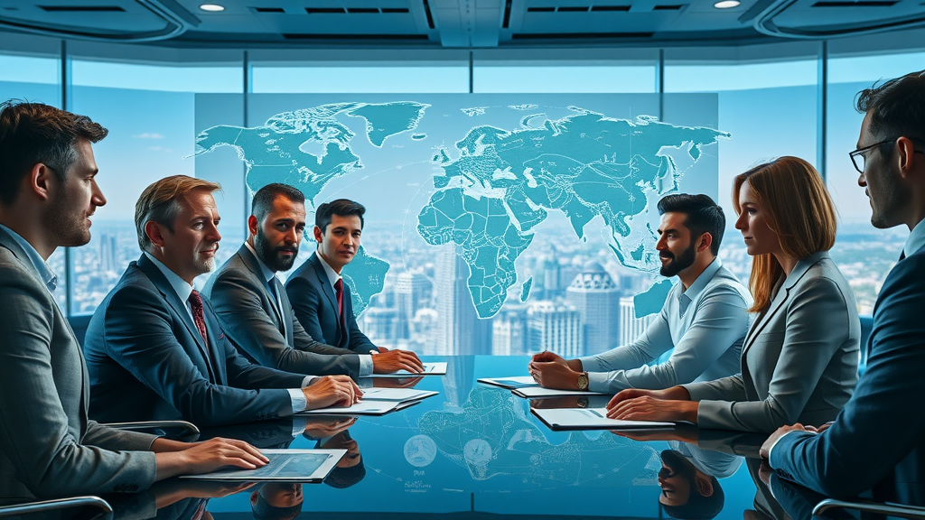 International business meeting with global map visualizing international corporate tax planning and strategies