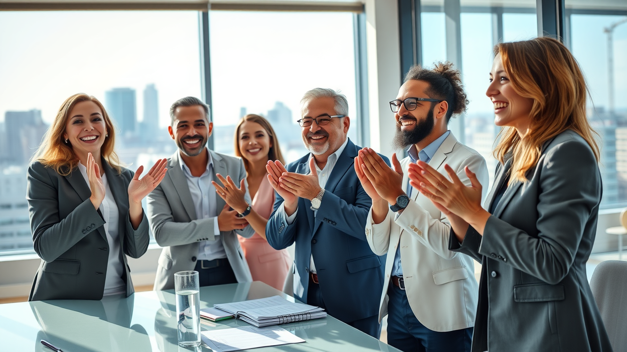 Successful business team celebrating after completing a corporate tax planning session in a modern office