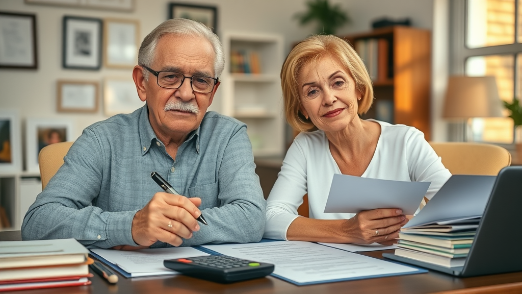 Elderly couple confident with estate planning documents, estate tax planning at home office, paperwork, pen, and calculator in view