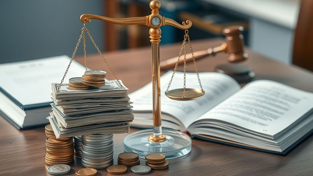Legal scale balancing money and estate tax planning documents, law office table with coins, written wills, and open legal books