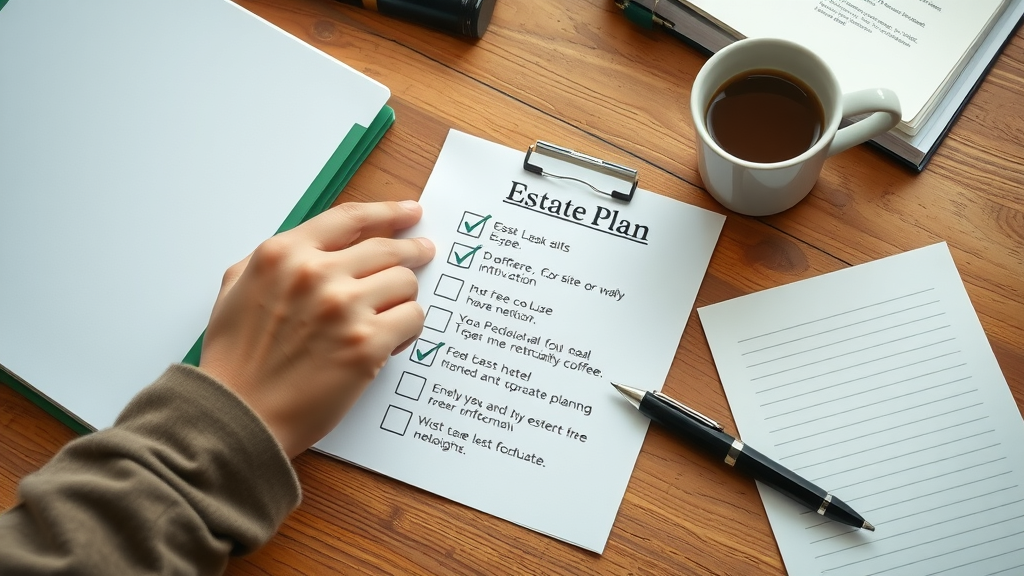 Estate planning checklist, organized binder, pen, planner checking off steps, warm wooden desk