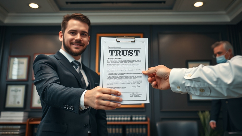 Attorney handing formal trust document to client, estate tax planning, law office, handshake