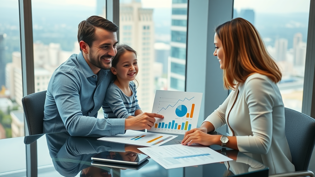 Family listening to financial advisor explain estate tax exemption thresholds, colorful charts, estate tax planning session