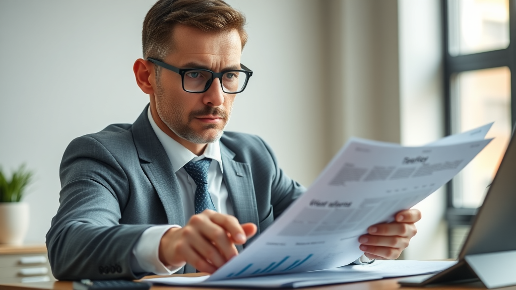 Cautious business owner reviewing financial documents for tax compliance in a modern office setting, showing tax forms and charts