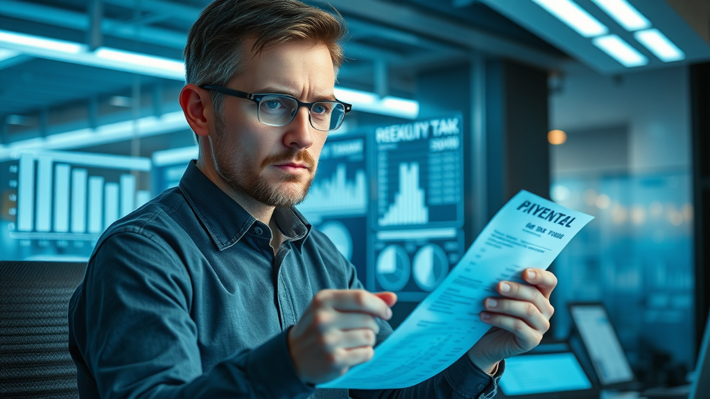 Small business owner organizing digital receipts for sales tax compliance in a futuristic office with interactive financial data