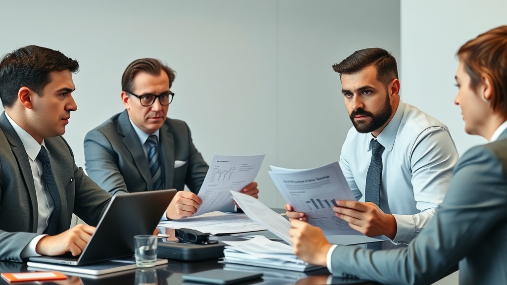 Corporate professionals in tax compliance audit meeting reviewing legal documents with an IRS agent in a bright conference room