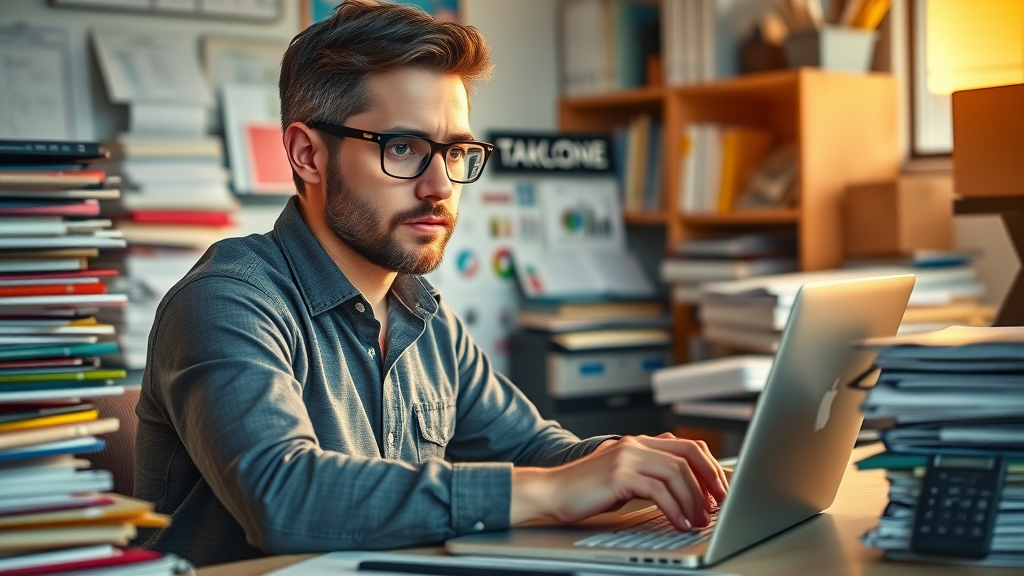 Organized entrepreneur using accounting software to manage tax compliance in a cozy, paper-filled workspace