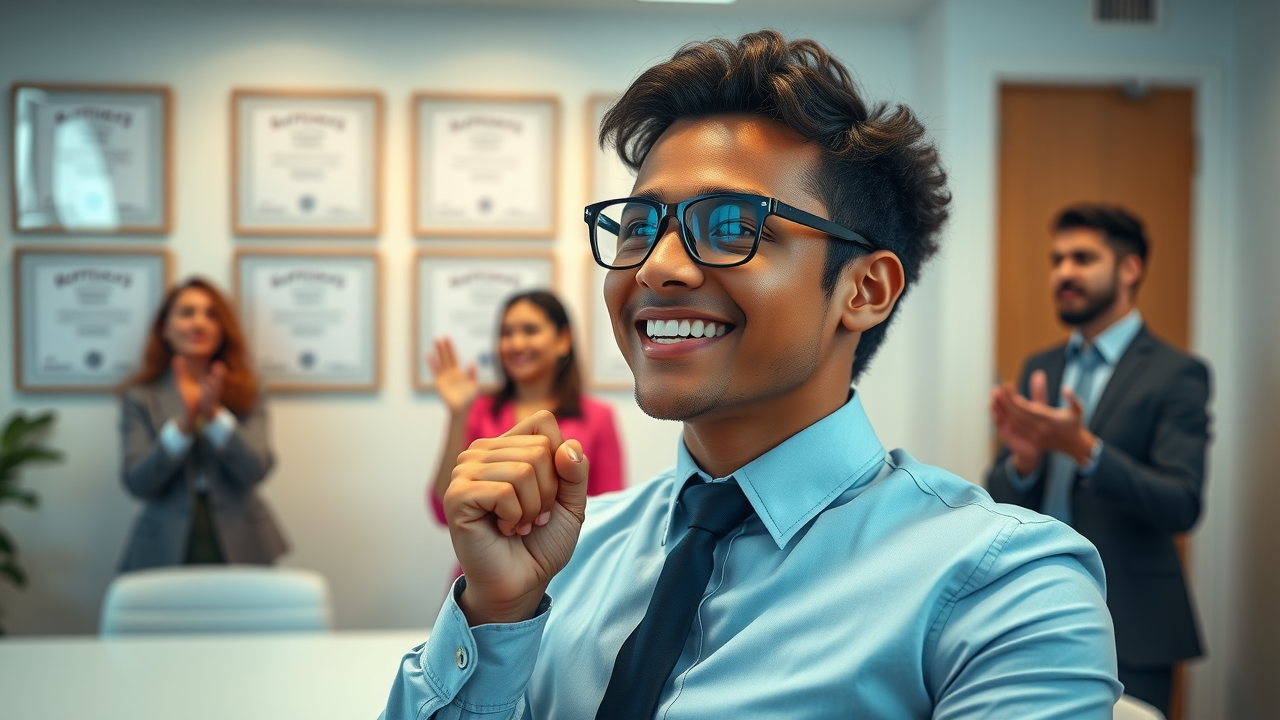 Confident professional celebrating successful tax compliance in a bright office with colleagues applauding